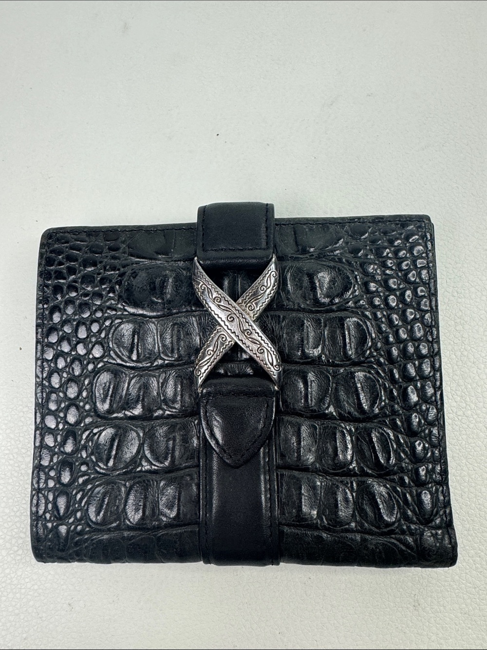 Vintage Brighton Leather Black Croc-Embossed Wallet Silver X Clasp Pockets